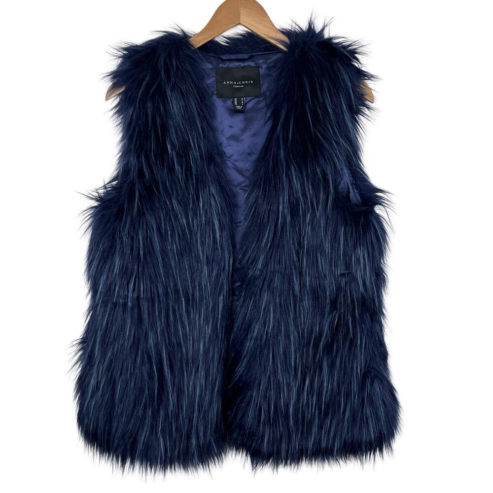 Anna & Chris Navy Faux Fur Vest (L) - Shaggy, Satin Lined